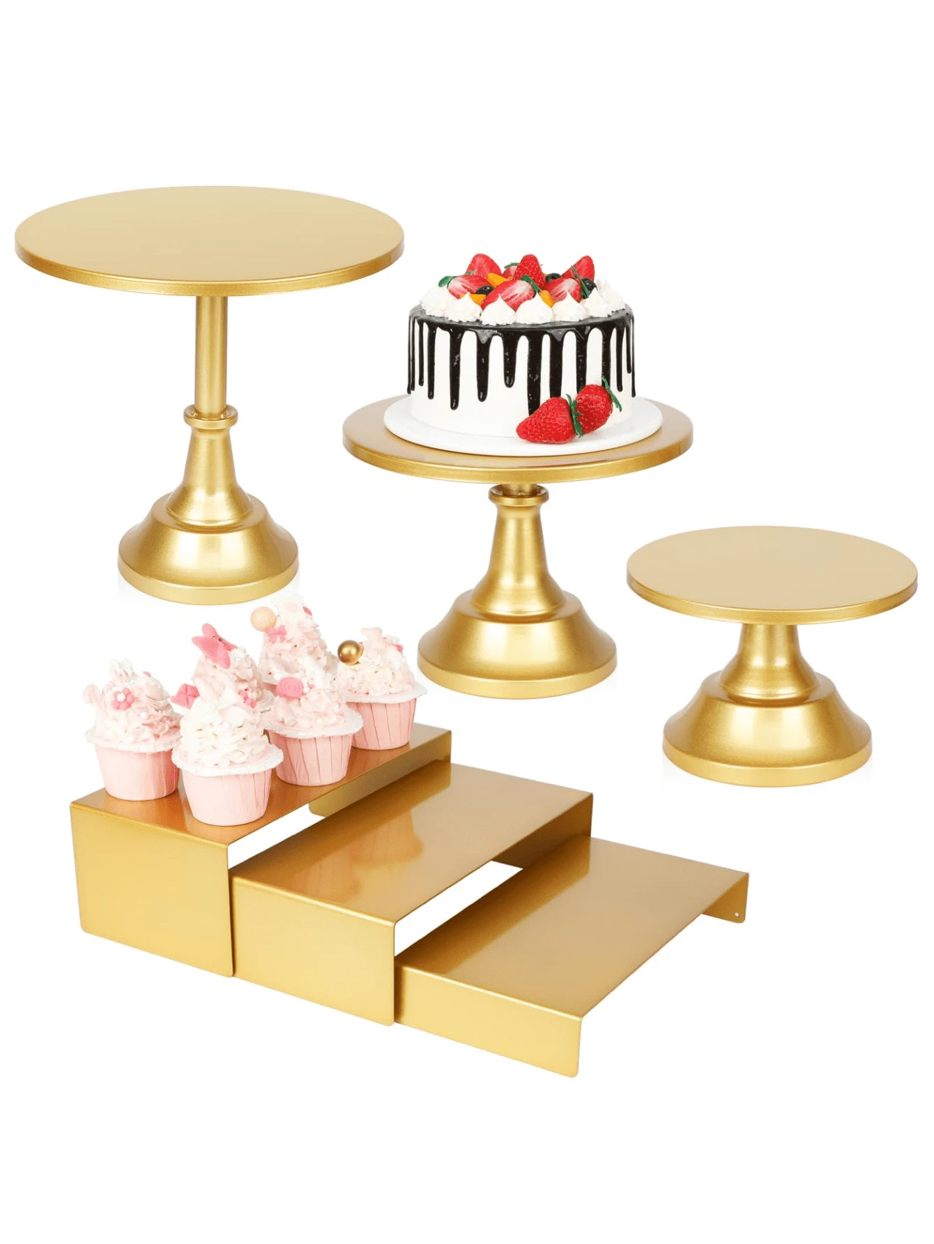 6 PIEZAS Juego de soportes para pasteles, soportes para pasteles de metal dorado para fiestas, juego de exhibición de mesa de postres, 3 tamaños de soportes redondos para pasteles con soportes elevados para cupcakes, soportes para pasteles y postres para bodas, cumpleaños, baby shower - Dorado - Ver 1