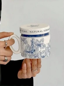 1pc Hand-Painted Blue And White Cat & Bird Ceramic Mug With Lid, French Blue And White Cat Latte/Coffee Mug With Lid, Retro Blue And White Cat Milk/Juice Mug, Suitable For Restaurant, Living Room, Cafe - Multicolor - View 9