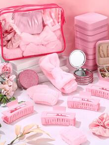 48 Pcs Pink Spa Party Favors For Women Pink Beige Sleepover Set Headband Wristband Scrunchies Hair Clip Jewelry Case Makeup Bag Bridesmaid Gifts - Hồng - Xem 4