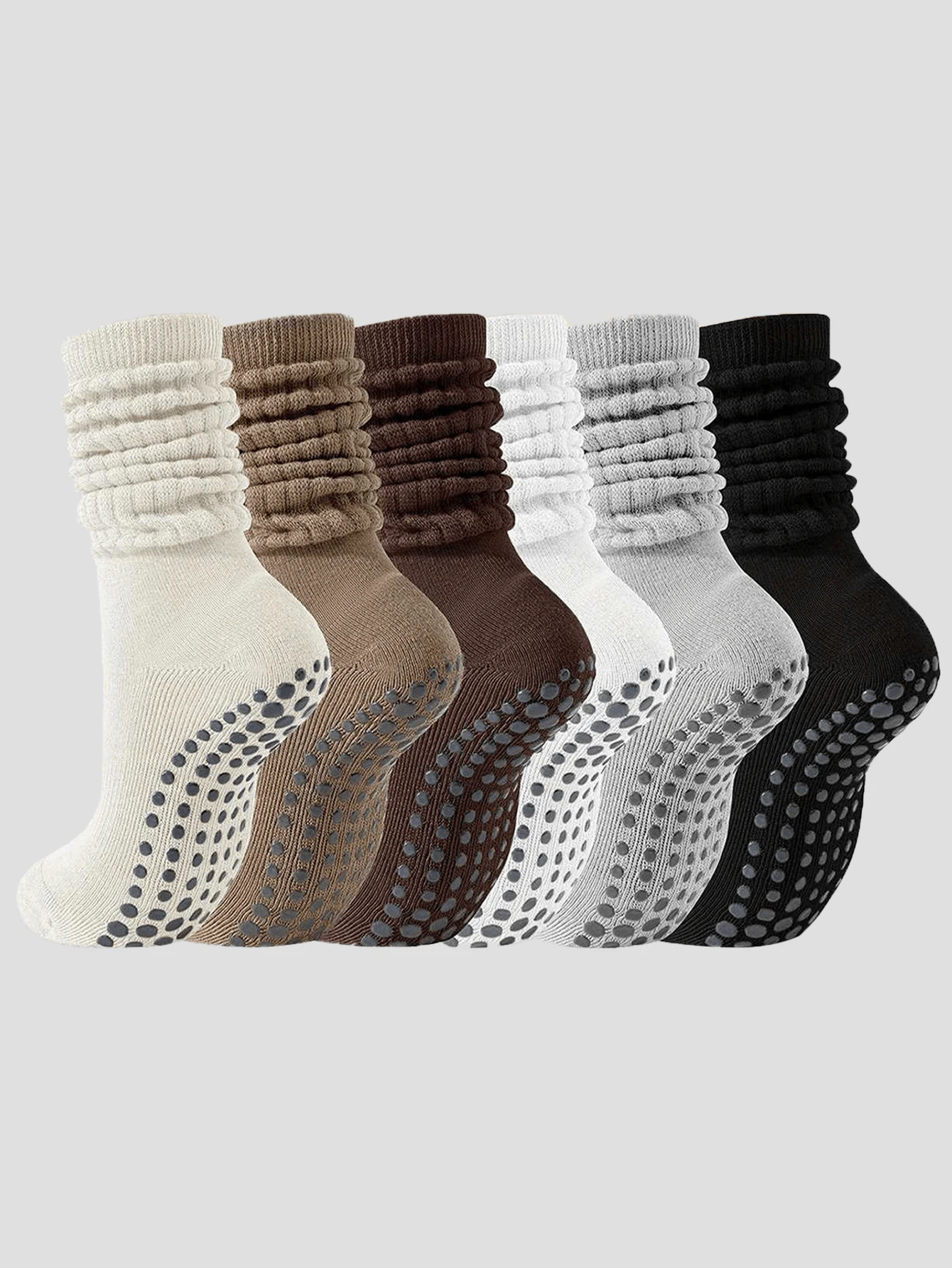 6 Pairs Slouch Pilates Socks For Women Non Slip Grippy Yoga Socks Long Scrunch Crew Socks For Workout Barre - 6 pairs of multiple colors - 查看 1