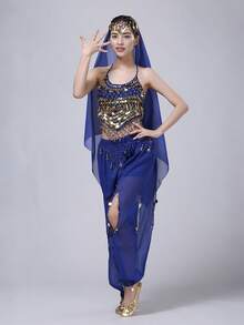 Women's Style Sparkling Belly Dance Three Pieces Set: Sequined Top + Lantern Pants + Headscarf Set For Halloween Carnival Party Stage Performance Costume