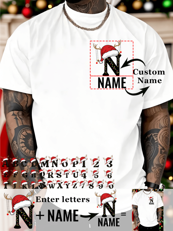 Customized Men's Personalized Letter Printed Christmas T-Shirts, Fashionable And Casual Loose T-Shirts, Add Your Text/Name To Design Your Personalized Printed T-Shirts, Customized Text Solid Color Breathable Short Sleeves, Santa Claus T-Shirts, Suitable For Christmas, Gifts, Festivals, Customized Christmas T-Shirts, Give Him/Her A Fun Christmas Gift.