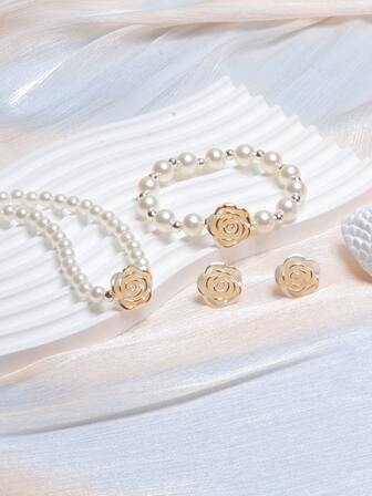 1 Set de 4 piezas Conjunto de joyería para mujer Collar Pulsera Pendientes, Diseño de flor de perla falsa, Estilo elegante y romántico minimalista Collar colgante de rosa Conjunto de pendientes y pulsera, Adecuado para estudiantes, mujeres jóvenes, de mediana edad, amas de casa, OL, uso diario, festivales, fiestas, cenas, viajes, citas, regalos, trabajo, escuela