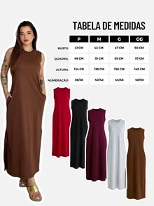 Vestido Longo Básico Casual Elegante Fenda Lateral Bolso Algodão Premium - Marrom Escuro - Visão 6