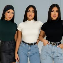 Set Of 3 Women's Ribbed Knit Blouses - Basic Blouse - Militar/Marrón/Negro - Ver 4