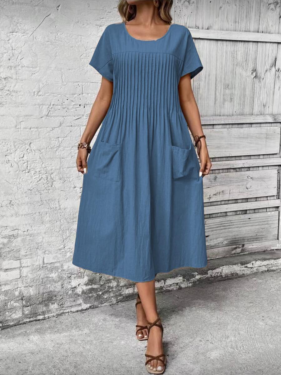 Women's Casual Loose Short-Sleeved Dress With Round Neck, Pleats, Two Pockets, Solid Color, Plus Size Blouse, Summer, Spring, Simple, Casual, Pocket, Vacation - 藍色 - 查看 1