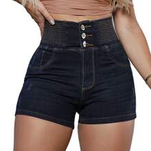 Women's High-Waisted Shaping Denim Shorts, Simple, Casual, Party, Denim With Pockets, Button, Zipper, Shaping Waist, Vacation, Beach, Summer, Spring - 深色水洗藍 - 查看 1