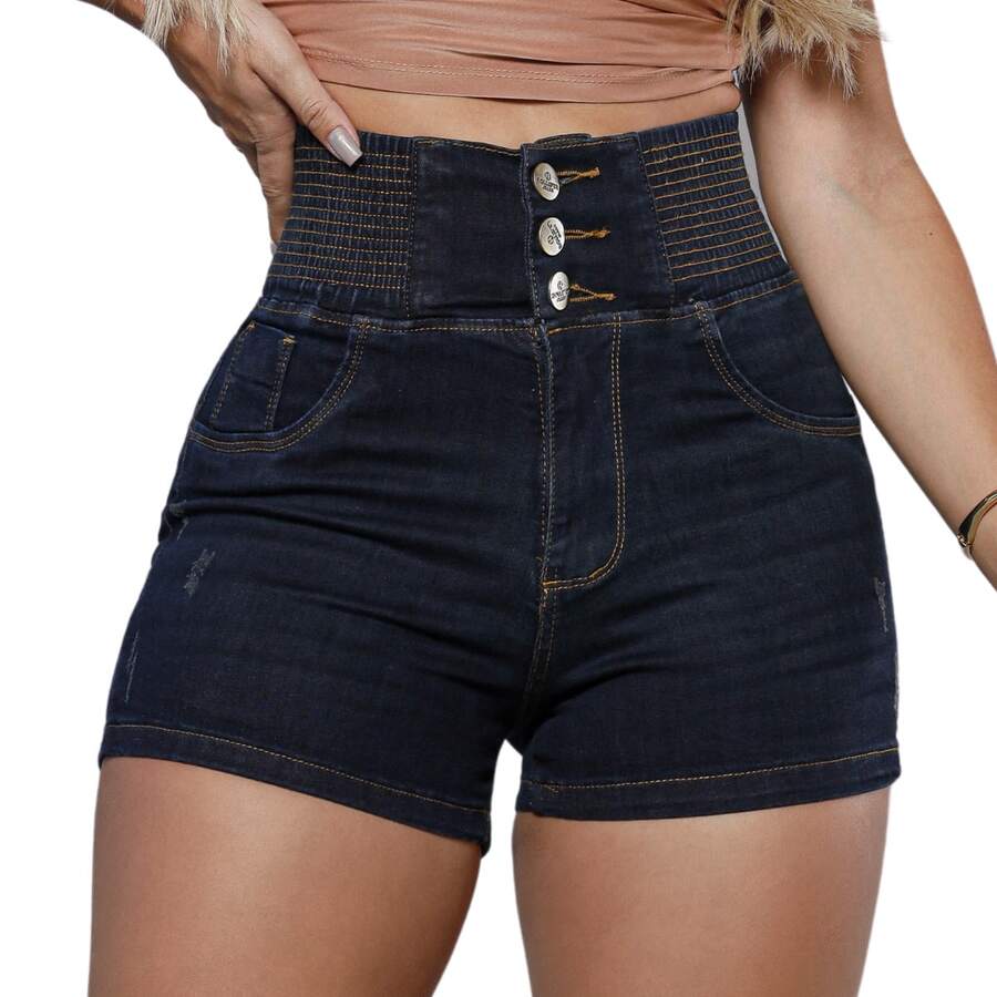 Women's High-Waisted Shaping Denim Shorts, Simple, Casual, Party, Denim With Pockets, Button, Zipper, Shaping Waist, Vacation, Beach, Summer, Spring - 深色水洗藍 - 查看 1