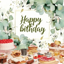 1pc Green Plant Birthday Background, Succulents And Eucalyptus Leaves Birthday Party Photography Background, Polyester Material, Blooming Eucalyptus Leaves Photo Background, Happy Birthday Party Decoration Supplies For Christmas Decorations, Indoor And Outdoor Wall Decoration, Multiple Sizes, Party Supplies