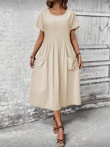Women's Casual Loose Short-Sleeved Dress With Round Neck, Pleats, Two Pockets, Solid Color, Plus Size Blouse, Summer, Spring, Simple, Casual, Pocket, Vacation - 米色 - 查看 2