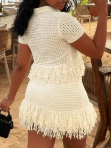 Women's Elegant Fringe Hollow Out Knitwear Co Ord Skirt Set With Short Sleeve Collar Top And Mini Skirt - 杏色 - 查看 4