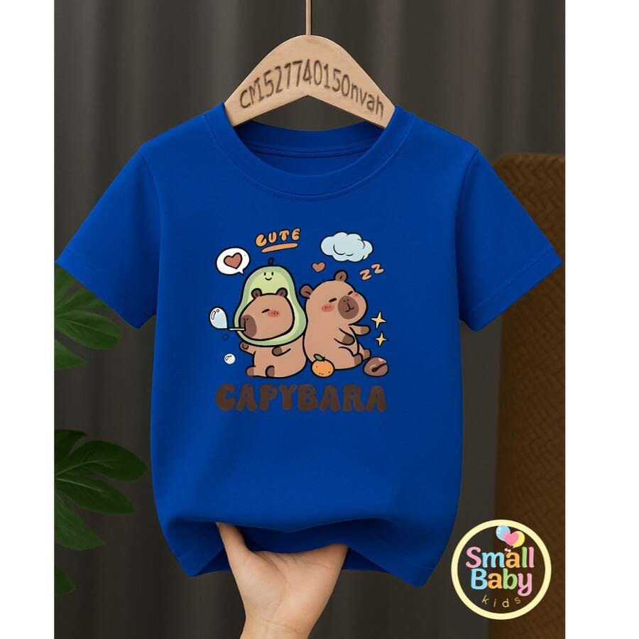 Kids' Unisex Capybara T-Shirt With Cool Printed Character Design - azul real - Ver 1