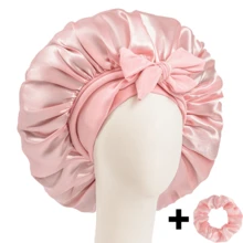 2件套“宽敞空间”奢华纯色缎面睡帽，配缎面发圈，大号柔软丝滑缎面睡帽，缎面发帽，睡帽，护发帽，带系带睡帽，冬季装备，情人节礼物 - 彩色 - 查看 2