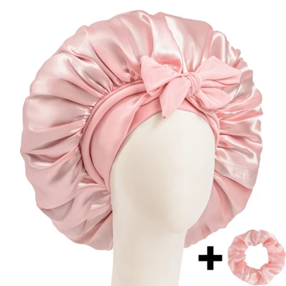 Set de 2 piezas "Espacio espacioso" Gorro de satén de unicolor lujoso con scrunchies de satén. Gorro de satén grande y suave para dormir, gorro de pelo de satén, gorro de noche, sombrero de cuidado del cabello con banda de amarre, accesorios de invierno, regalo de San Valentín