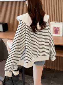 YUXIN Fashionable Striped Full Zip Hoodie Jacket - Casual Long Sleeve Outerwear, Women's Fashion Apparel, Soft Lining, Adjustable Drawstring, Spring/Autumn Vacation Style Jacket - Apricot - View 8