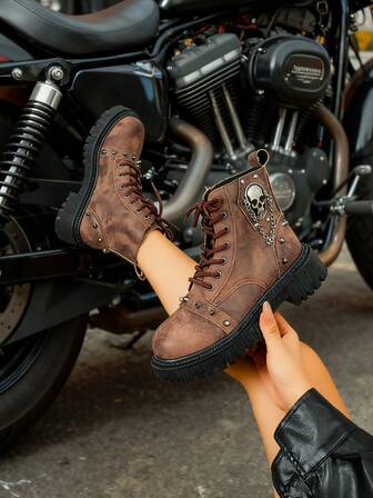 女士踝靴，纯色基础款，侧拉链，铆钉链条装饰，学院风，适合户外、办公室、万圣节、圣诞派对、婚礼、冬季等场合，厚底系带，朋克机车风，舒适返校，简约亮黑色时尚短靴