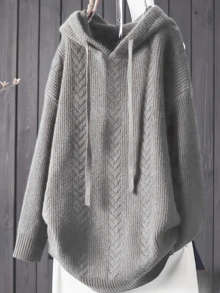 Plus Size Solid Color Casual Drawstring Hoodie Pullover Long Sleeve Sweatshirt, Autumn/Winter - Beizhong Flower Gray - View 2