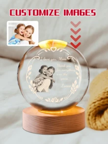 1个个性化3D水晶球，带发光木质底座，内部刻有3D全息照片，可定制照片水晶球夜灯（适用于生日、婚礼、周年纪念日、母亲节、情人节、圣诞节、个性化礼物、家庭聚会、朋友、同事、学生和老师等场合），带USB七彩变色灯底座 - 彩色 - 查看 3