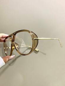 Large Frame Double Bridge Glasses, Fashion Metal Temple, Unisex Decorative Eyewear - Multicolor - View 14