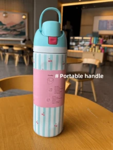 North American Ins Style OW Ala X Wicked Collab High Aesthetic Insulated Cup With Proportion Creative Kettle Suitable For Home Living Room Large Capacity Cold Water Bottle Sports Water Bottle With Lid And Straw 32OZ Magic And Witch - Cherry-stripe-24OZ - 查看 3