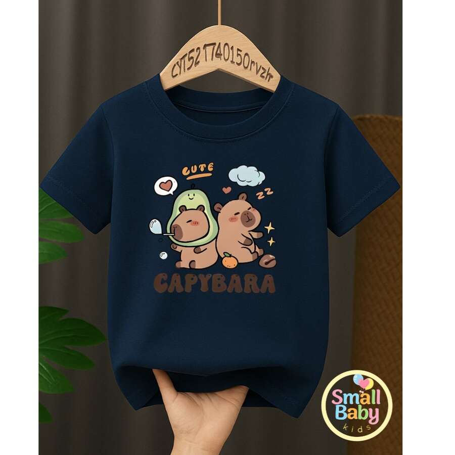 Camiseta Infantil Juvenil Unissex Capivara Capy bara Estampada Desenho Descolado Personagem - Azul Marinho - Visão 1