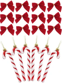 18 piezas de bastón de caramelo con lentejuelas navideñas y lazos de terciopelo rojo colgantes en forma de muletas para decorar el árbol de Navidad, adornos para fiesta navideña, decoración festiva, mejores regalos - Multicolor - Ver 8