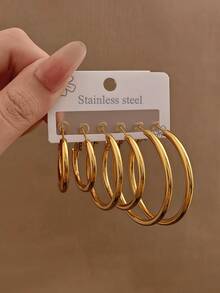 3 Pairs/Set Stainless Steel Gold Plated C-Shaped Earrings, Women's Shiny Geometric Earring Set, Suitable For All Seasons, Daily Wear And Party Decoration, Christmas Gift - Multicolor - View 3