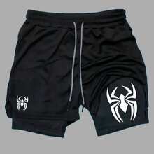2-In-1 Compression Shorts For Gym Workout, Fitness, And Fitness. Spider Design, Exclusive Artwork, Comfortable Fashion. - Black - View 1