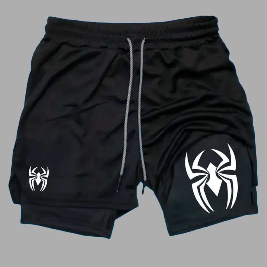 2-In-1 Compression Shorts For Gym Workout, Fitness, And Fitness. Spider Design, Exclusive Artwork, Comfortable Fashion. - Black - View 1
