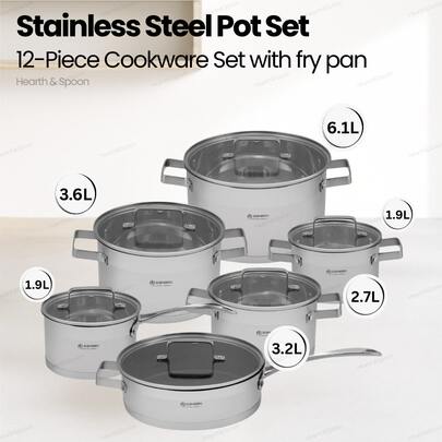 Zestaw naczyń kuchennych ze stali nierdzewnej, 12 elementów: garnki i patelnia ze szklanymi pokrywkami, kompatybilny z indukcją, równomierne nagrzewanie, trwały i odporny na zarysowania, ergonomiczne uchwyty, łatwe czyszczenie, idealny do codziennego gotowania w domu, niezbędny gadżet kuchenny, prezent dla rodzin i szefów kuchni