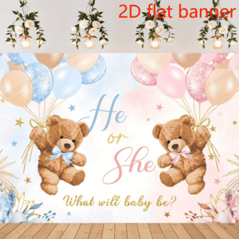 2D平面横幅，性别揭晓派对横幅，可爱卡通熊设计，搭配粉色和蓝色气球以及花卉背景，涤纶材质，适用于蛋糕桌装饰、摄影道具，无需用电
