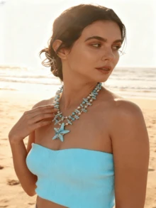 1 件贝壳珍珠串珠项链，波西米亚海滩风格女士项链，女孩海滩派对休闲假日百搭性感珍珠贝壳项链，女士珠宝