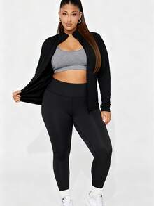 Plus Size Women Fitness Sports Yoga Jacket, Suitable For Workout, Yoga, Jogging, Outdoor - Black - View 4