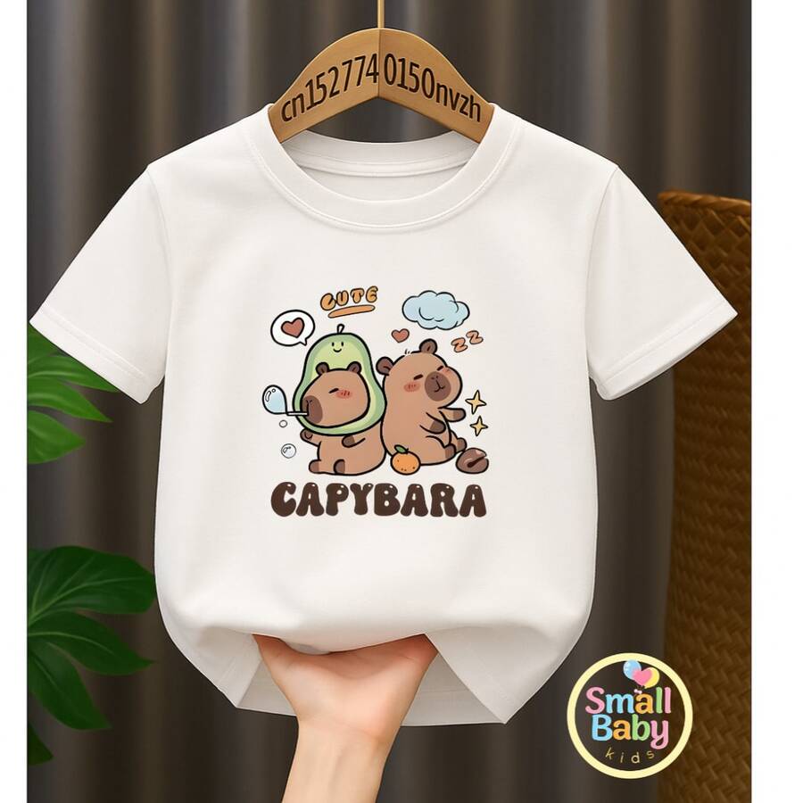 Kids' Unisex Capybara T-Shirt With Cool Printed Character Design - Blanco - Ver 1