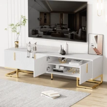 TV-Schrank mit strukturierten Türen | Goldene Griffe & goldene Füße | Modernes Lowboard | Elegantes TV-Möbel - Weiß + Spanplatte + 70-79 Zoll-1 - Übersicht 4