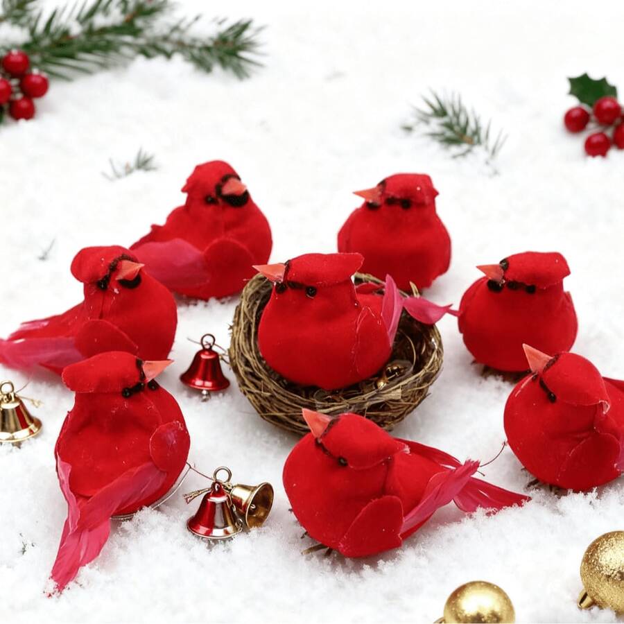 8 piezas Adornos navideños de pájaros rojos tipo petirrojo con nido, decoraciones de espuma de pájaros de color rojo brillante, guirnalda de plumas rojas, decoraciones colgantes para centro de mesa, decoraciones de fiesta, adornos navideños para el árbol, decoraciones de Acción de Gracias, jardín de hadas, decoración del hogar, decoración navideña para el hogar, decoración de habitación, 2025, decoraciones de boda, decoraciones de fiesta