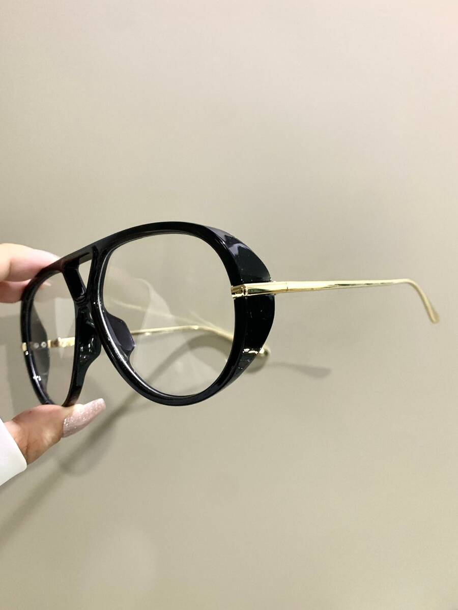Large Frame Double Bridge Glasses, Fashion Metal Temple, Unisex Decorative Eyewear