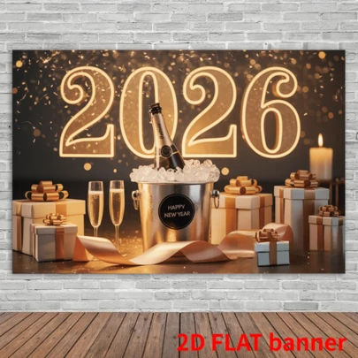 2d Flat, 1 Piece Of Golden Confetti And Stars 2026 New Year Banner Shining Golden And Black Party Decoration, Polyester Fiber Indoor And Outdoor Wreath, Suitable For Christmas And New Year Parties, No Electricity Required