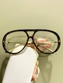 Large Frame Double Bridge Glasses, Fashion Metal Temple, Unisex Decorative Eyewear - Multicolor - View 8