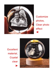 1个个性化3D水晶球，带发光木质底座，内部刻有3D全息照片，可定制照片水晶球夜灯（适用于生日、婚礼、周年纪念日、母亲节、情人节、圣诞节、个性化礼物、家庭聚会、朋友、同事、学生和老师等场合），带USB七彩变色灯底座 - 彩色 - 查看 9