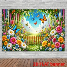 2D平面图案，春意盎然的植物、花卉、蝴蝶，涤纶材质，派对横幅，多用途，适用于节日、派对、庭院、工作室、家居和花园庆典