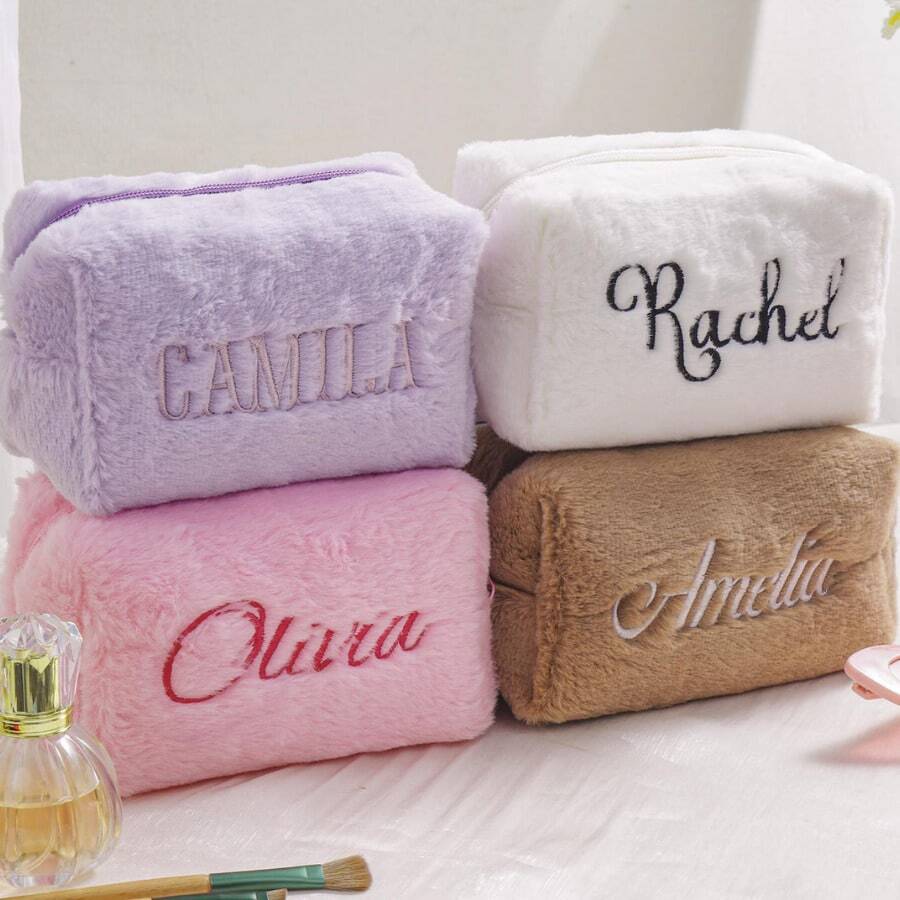 1pc Customized Plush Cosmetic Bag, Personalized Embroidered Name Storage Pouch, Cute Fluffy Storage Bag, Multi-Functional Travel Toiletry Bag, Stationery Bag, Makeup Bag, Wallet, Soft And Healing, Suitable For Autumn/Winter Gifts, Christmas, Birthday, Valentine's Day Gifts For Girlfriend, Best Friend, Student - Multicolor - View 1