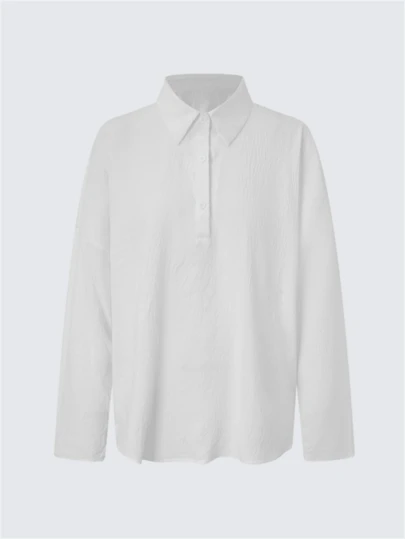 Women's Solid Color Shirt, Casual Long Sleeve Bishop Sleeve Collared Blouse, Regular Buttoned Closure White Spring