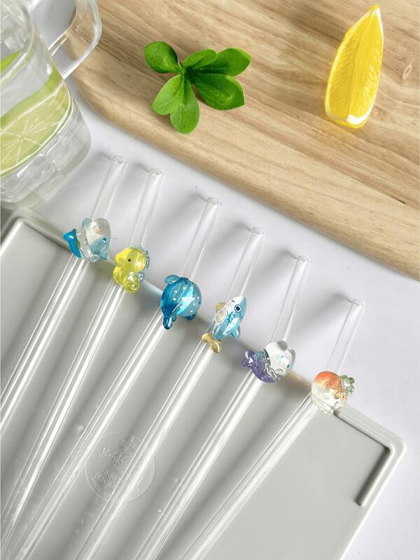 1pc Shark Series Reusable Glass Straw, Transparent Smoothie, Bubble Tea, Juice, Milk, Cocktail, Cold Drink Bent Glass Straw