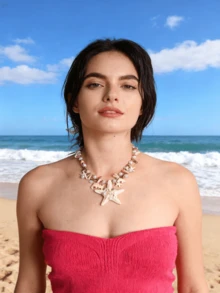 1 件贝壳珍珠串珠项链，波西米亚海滩风格女士项链，女孩海滩派对休闲假日百搭性感珍珠贝壳项链，女士珠宝