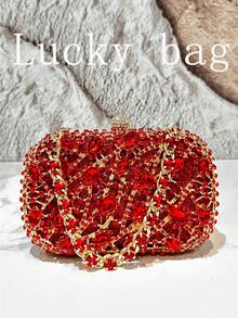 1件时尚水钻手提包，女士优雅闪亮派对钱包斜挎包，配钻石链条，适合晚宴、婚礼、宴会等正式场合 - 紅色 - 查看 3