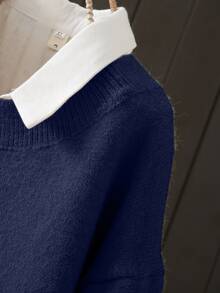 Plus Size Women Loose Fit Round Neck Drop Shoulder Sweater, Autumn/Winter - Royal Blue - View 4