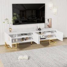 TV-Schrank mit strukturierten Türen | Goldene Griffe & goldene Füße | Modernes Lowboard | Elegantes TV-Möbel - Weiß + Spanplatte + 70-79 Zoll-1 - Übersicht 7