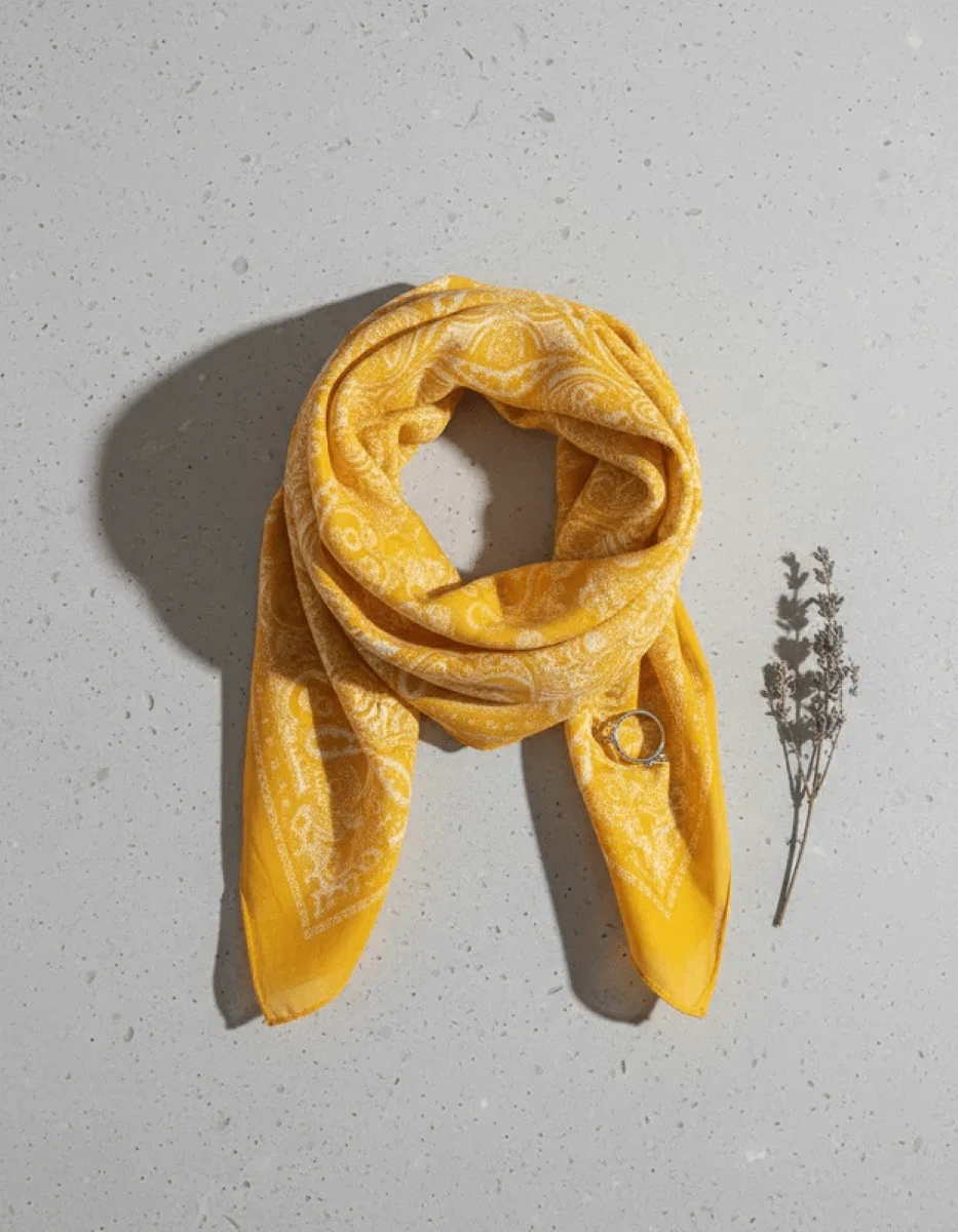 Women's Satin Scarf Neck Head Square 90x90 Printed Elegant Satin Elegance Scarf - 黃色佩斯利花紋 - 查看 1