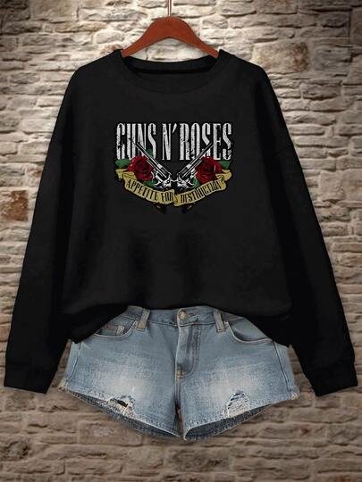 Women's Comfortable Black Sweatshirt with Rose and Guns Graphic Stylish Crewneck Pullover for Casual Wear Trendy Ladies' Top with Unique Design